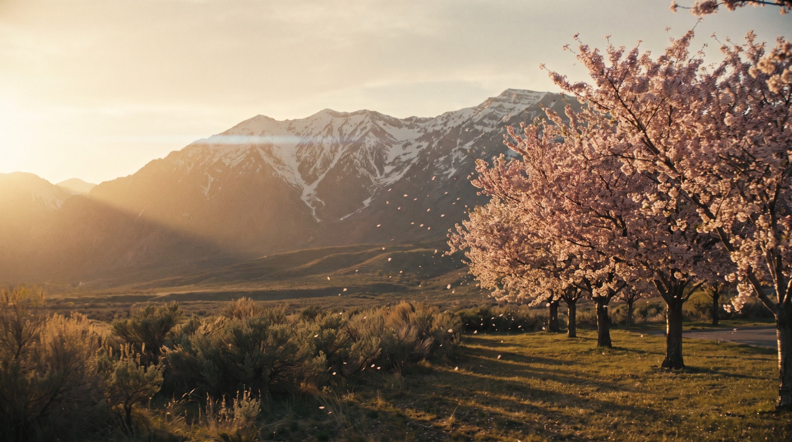 Cherry trees in bloom in golden light with snow-capped mountains behind