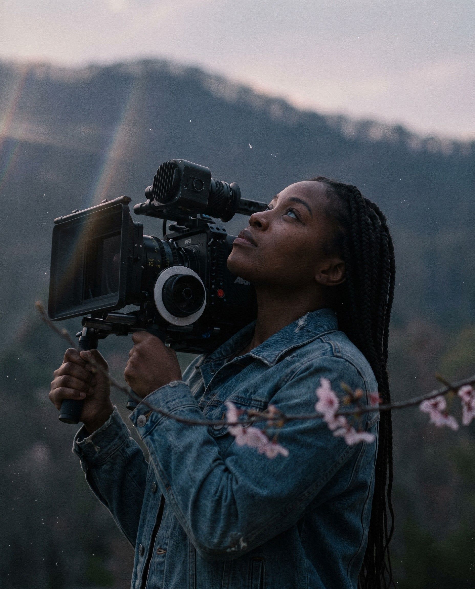 A filmmaker with a cinema camera on her shoulder looking up in golden light