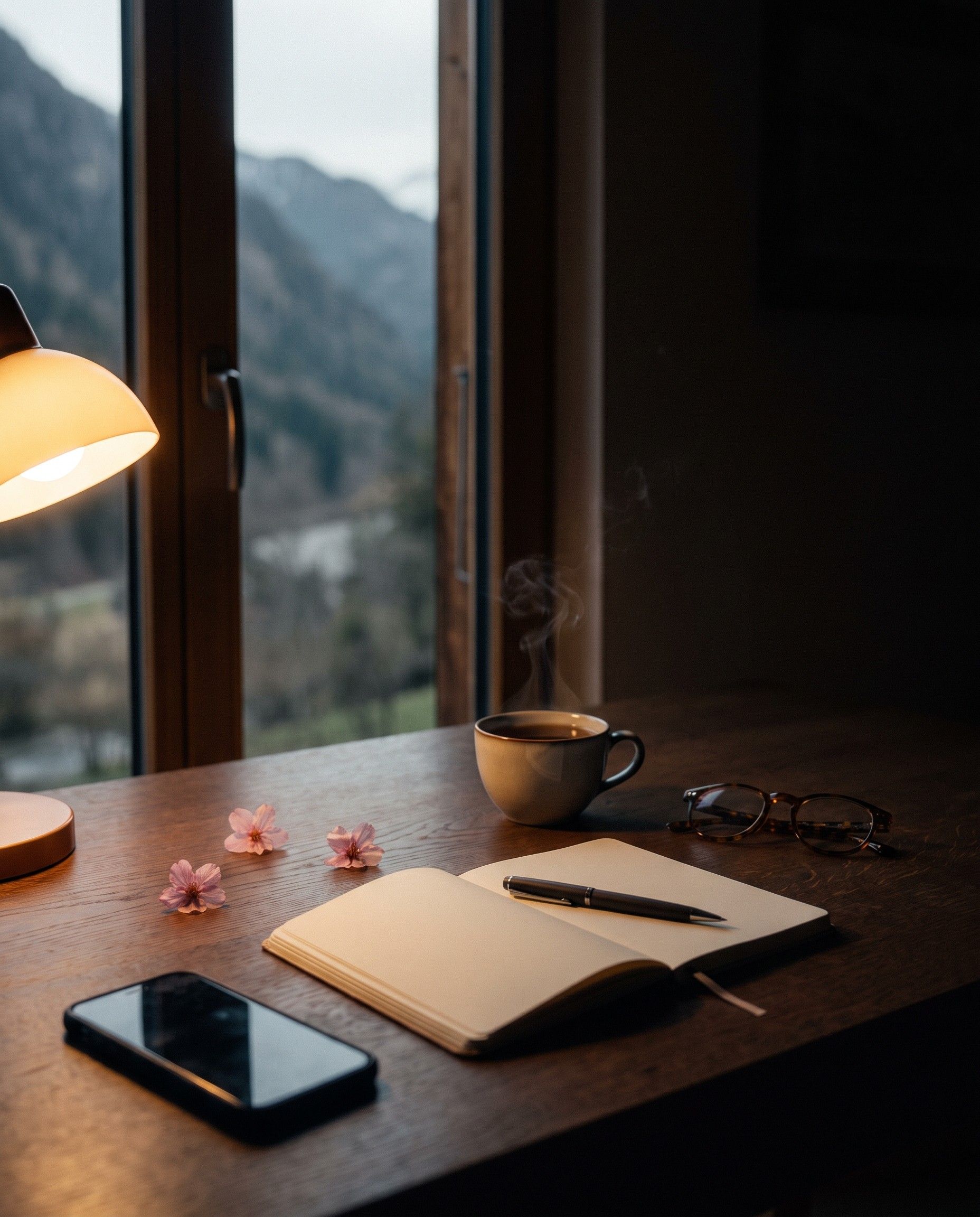 A phone, open notebook and cup of tea on a desk by a window at dusk