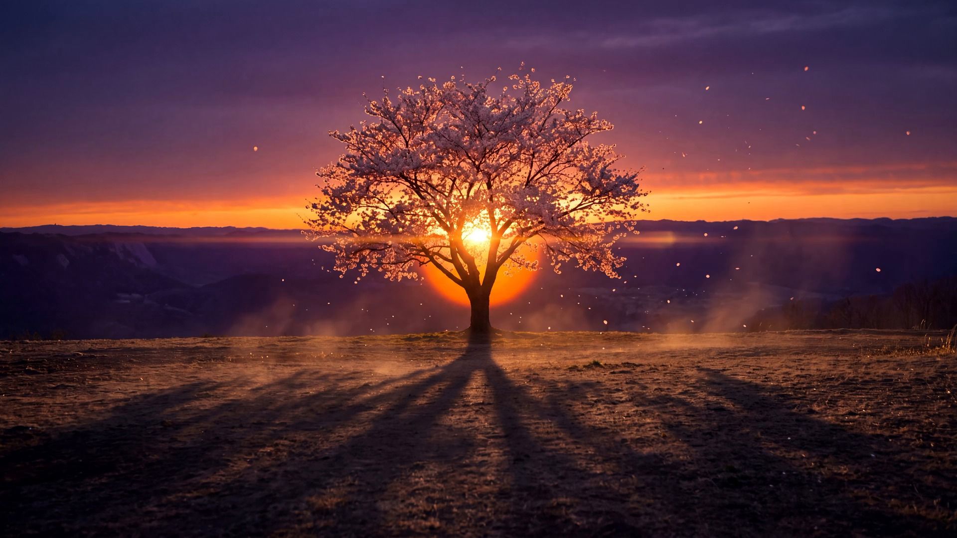 A lone cherry tree in full bloom on a hillside at sunset, the sun setting behind its trunk