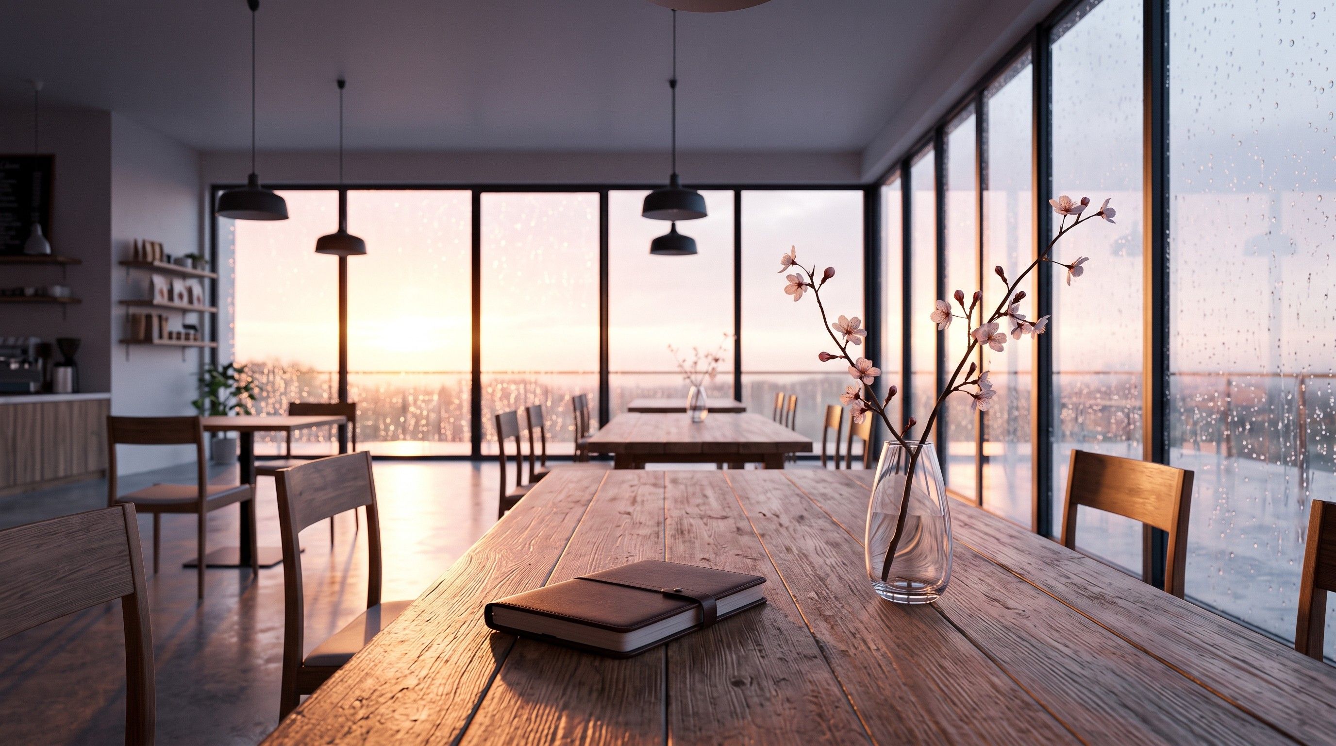 A glass conference room at sunrise with raindrops on the windows