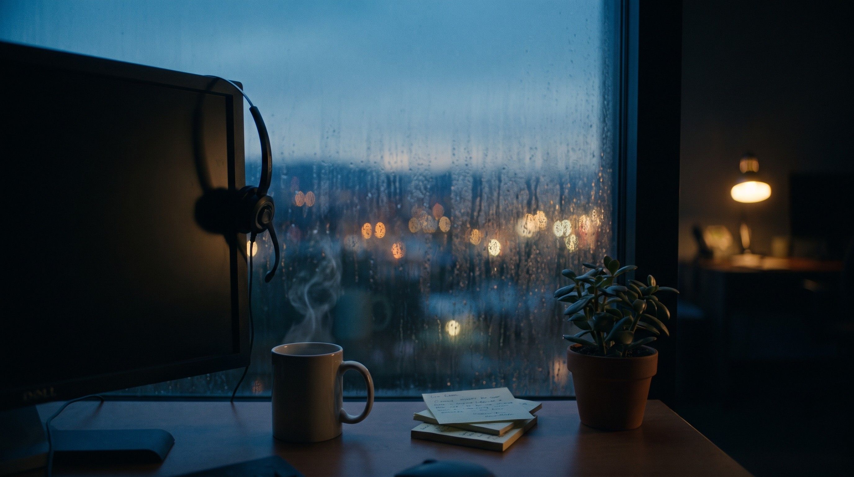 A headset resting beside a mug at a window at blue hour